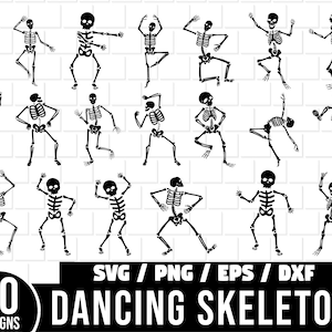 May include: A set of 20 black and white dancing skeleton illustrations. The skeletons are in various poses, including jumping, twirling, and posing with their hands on their hips. The text "SVG/PNG/EPS/DXF" and "20 DESIGNS DANCING SKELETON" is at the bottom of the image.