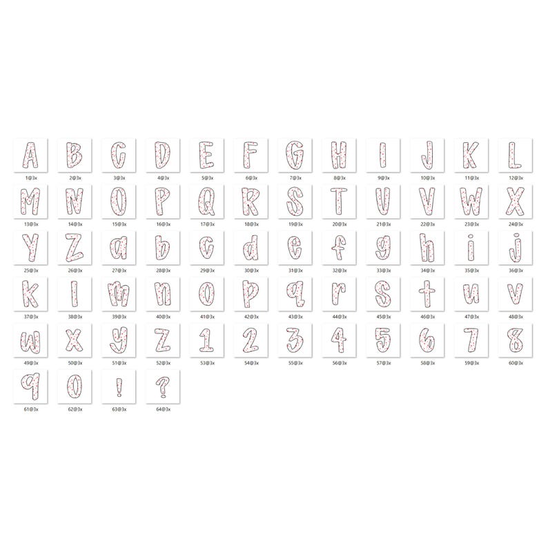 May include: A collection of alphabet letters and numbers in a serif font, each with a dotted pattern. The letters are in uppercase and lowercase, along with numbers 1-8, an exclamation point, and a question mark.