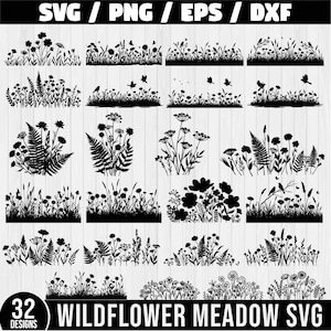 Paquete SVG de flores silvestres, ramo minimalista de flores, clipart de flores silvestres, prado de flores SVG, borde de flores SVG, escenas botánicas de la naturaleza SVG