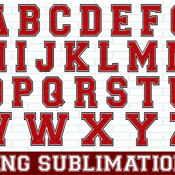 Red Glitter Font Png Sublimation, Red Glitter png, Red Glitter Alphabet png, Red Glitter A to Z Letters, Varsity Alphabet Png