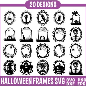 May include: Twenty black and white Halloween frame designs featuring various spooky elements like spiders, ghosts, skeletons, bats, and pumpkins.  The frames are perfect for adding a spooky touch to your Halloween crafts.