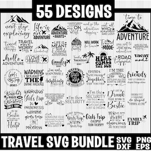 Peut inclure: Un lot de 55 designs graphiques SVG sur le thème du voyage en noir et blanc. Les designs présentent des phrases comme "Prochaine étape : Exploration", "La vie est une aventure", "Attention, voyage entre filles", "Je suis la sécurité" et "Voyage en famille".