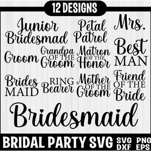 Pacchetto Svg per la festa nuziale, Pacchetto Svg per il matrimonio, Svg per la sposa, Damigella d'onore, Sposa, Sposo, Mr e Mrs Svg, Damigella d'onore, File Svg per la festa di fidanzamento