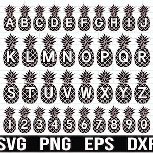 May include: Black and white alphabet letters A through Z and numbers 1 through 0 in a pineapple design.  SVG, PNG, EPS, and DXF file formats are listed below the letters and numbers.