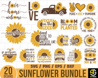 Peut inclure: Un lot de 20 fichiers numériques téléchargeables sur le thème du tournesol en format SVG, PNG, EPS et DXF. Les designs présentent des tournesols, des cœurs, des signes de paix et des citations inspirantes comme "Soyez le changement pour voir dans le monde", "Fleurissez là où vous êtes planté" et "Soleil mélangé à un peu d'ouragan".