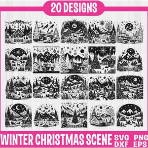 Scena di Natale invernale SVG, Scena invernale SVG, Scena di Natale magica, Babbo Natale e renne SVG, Pacchetto SVG di Natale, Cervo SVG, Pino SVG