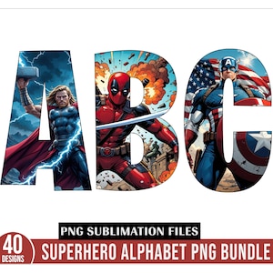 Bundle alphabet super-héros PNG, alphabets de super-héros différents arrière-plans png, bannière d'anniversaire de super-héros png, alphabets de personnages