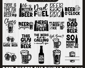 May include: A set of 20 black and white SVG designs featuring beer-themed quotes and illustrations. The designs include phrases like "Beer Fuel", "Beer Season", "This Guy Needs a Beer", and "So Many Beers So Little Time".