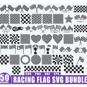 May include: A set of 50 black and white racing flag designs. The designs include checkered patterns, wavy flags, heart-shaped flags, and flags on poles. The text "RACING FLAG SVG BUNDLE" is displayed in purple.