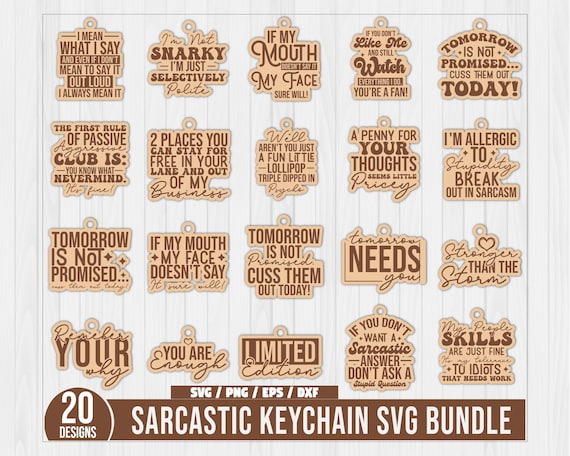 Sarcastic Keychain SVG Bundle, 20 Keychain SVG file Designs with Text, Sarcastic Engraving, Sassy Quotes SVG, Laser Engraving,Motel Keychain