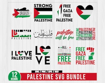 May include: A collection of 12 Palestine-themed SVG designs. The designs include the Palestinian flag, heart shapes, and text such as "Strong Palestine," "Free Gaza," and "Palestine will be free." The designs are in red, black, white, and green.