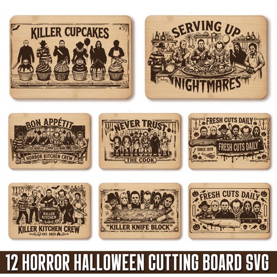 Horror Cutting Board SVG Bundle, Horror Laser Engraving Files,  Halloween Cutting Board SVG,Halloween Movie Characters Laser Engraving Files