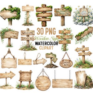 Puede incluir: Una colección de 30 ilustraciones en acuarela de letreros de madera de diversas formas, incluyendo flechas, letreros colgantes y montados en postes. Algunos están decorados con musgo, enredaderas, flores y rocas, con el texto 30 PNG Wooden Sign Watercolor Clipart.
