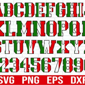 Czcionka Meksyk SVG, litery i cyfry z flagą Meksyku SVG, clipart alfabetu z flagą Meksyku, alfabet Meksyku SVG, czcionka zielono-czerwono-biała