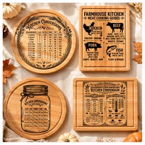 May include: Four bamboo cutting boards with laser-engraved kitchen conversion charts and cooking guides. Two boards are circular, one featuring a mason jar design, and two are rectangular, displaying meat temperatures and oven conversion tables.