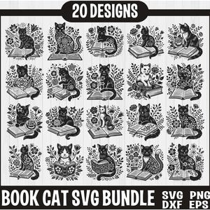 Bundle de livre chat svg, livre svg floral, chat lecture svg, png pour les amateurs de livres, chat mystique svg, svg de livre de fleurs sauvages, svg de livres empilés