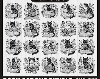 Book cat svg Bundle,  floral book svg, cat reading svg, book lovers png, mystical cat svg, wildflower book svg, stacked books svg