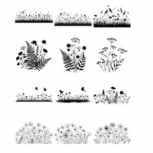 May include: A selection of black and white floral and foliage silhouettes. The designs feature diverse flowers, ferns, grasses, and birds. These illustrations are suitable for crafting, scrapbooking, or other decorative projects.