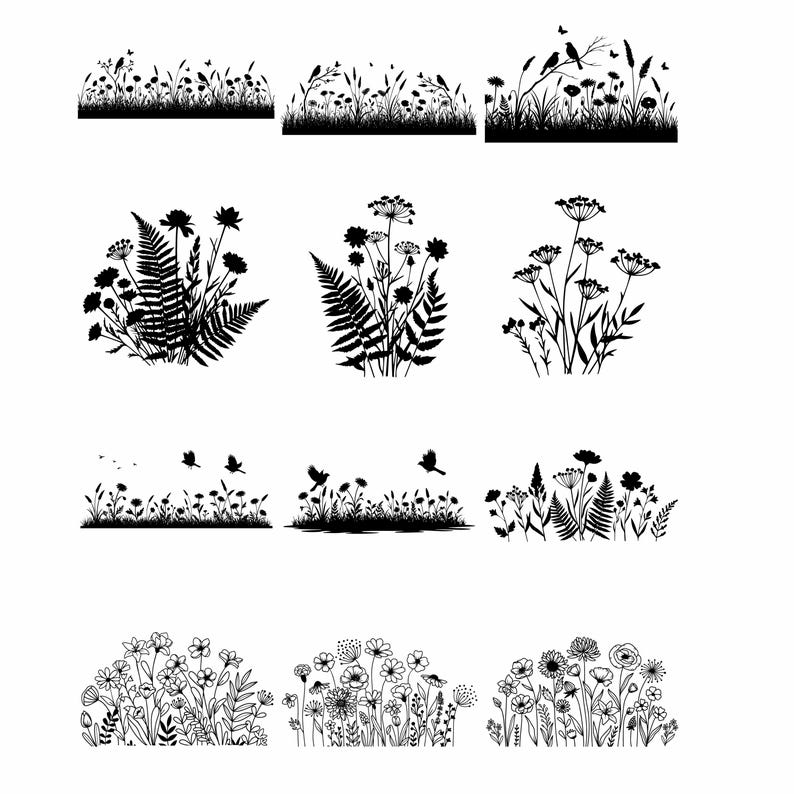 May include: A selection of black and white floral and foliage silhouettes. The designs feature diverse flowers, ferns, grasses, and birds. These illustrations are suitable for crafting, scrapbooking, or other decorative projects.