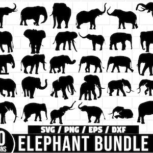 May include: A set of 30 black silhouette elephant SVG cut files. The elephants are in various poses, including standing, walking, and trumpeting. The text "30 Designs" and "Elephant Bundle" is included in the image.