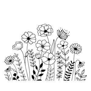 May include: A black and white line drawing of assorted flowers and leaves. The image shows a selection of daisies, poppies, and other wildflowers with detailed stems and foliage. The design is suitable for crafts, home decor, or stationery projects.