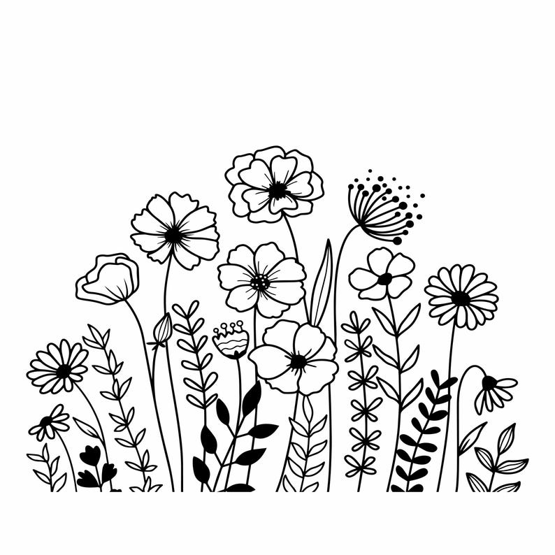 May include: A black and white line drawing of assorted flowers and leaves. The image shows a selection of daisies, poppies, and other wildflowers with detailed stems and foliage. The design is suitable for crafts, home decor, or stationery projects.