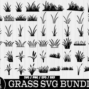 Könnte beinhalten: Ein Set mit 50 Schwarzweiß-SVG-Designs für Gras. Die Designs umfassen verschiedene Formen und Größen von Gras, darunter Blätter, Büschel und Büschel.