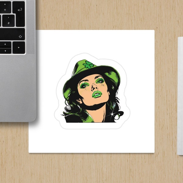 St. Patrick's Day Green Hat Woman Sticker, Lucky Charm Kissable Lips Decal, Irish Celebration Accessory