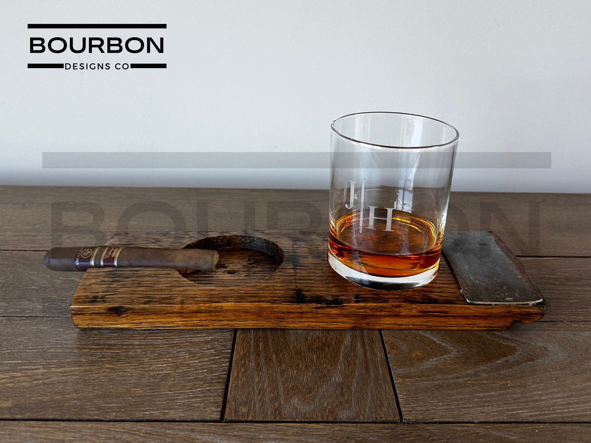 KOVOT Cigar Ashtray and Whiskey Glass Tray – Exquisite Rustic Wooden Tray  with Cocktail Glass Coaster – Wood Cigar Ashtray with Slot to Hold Cigar –