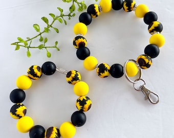 Porte-clés bracelet en perles de silicone, breloque tournesol
