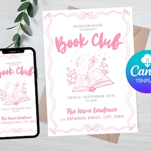 May include: A pink and white book club invitation with the words "Book Club" in a cursive font. The invitation includes the date, time, and location. A smartphone displays the same invitation. A Canva template logo is in the corner.