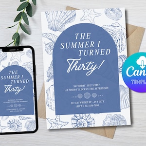 The Summer I Turned Thirty Invitation Template | Editable Canva Birthday Invite | Coastal Summer Party Digital Download