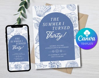 Coastal 30th Birthday Invitation Template | Canva Editable (Digital Download)