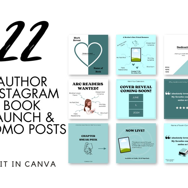 Author Book Launch & Book Promo Instagram Templates I 22 Easy to Edit Canva Templates for Authors I Book Teasers I Bold N Blue