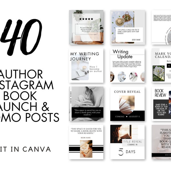 Book Launch and Book Promo Instagram Templates I 40 Easy to Edit Canva Instagram Templates for Authors I Minimalist Black & White