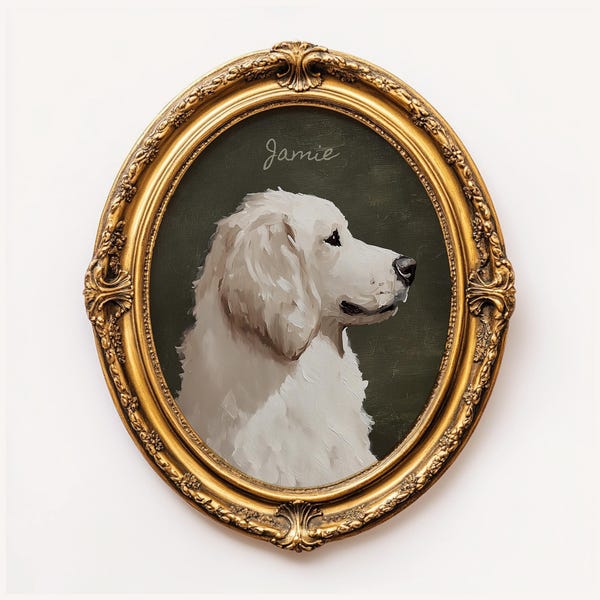 Custom Artful Great White Pyrenees Oil Painting Portrait Print, Personal Vintage Dog Folk Art Print Moody Cottage Core, Gift for DogMom