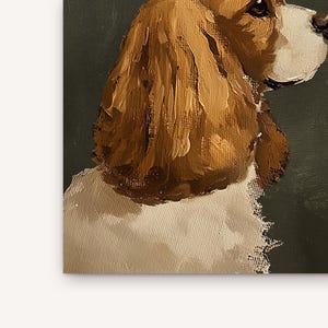 May include: Oil painting of a dog's head and shoulders. The dog has brown and white fur, with a long, floppy ear. The background is a dark green color. The painting is done in a realistic style.
