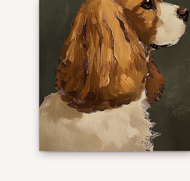 May include: Oil painting of a dog's head and shoulders. The dog has brown and white fur, with a long, floppy ear. The background is a dark green color. The painting is done in a realistic style.