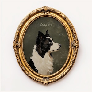 May include: Oval portrait of a Border Collie dog in a gold ornate frame. The dog has black and white fur and is facing right. The name "Aspen" is written above the dog in cursive.