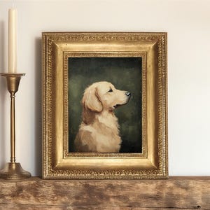 May include: A framed oil painting of a golden retriever dog with a green background. The dog is looking to the right and has a light brown coat.