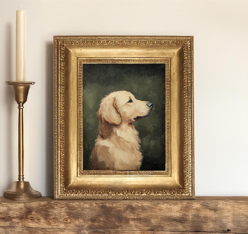May include: A framed oil painting of a golden retriever dog with a green background. The dog is looking to the right and has a light brown coat.