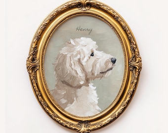 WHITE Mini Custom Artful Goldendoodle Oil Painting Portrait, Personal Vintage Dog Folk Art Print Cottage Core, Gift for Doodle DogMom