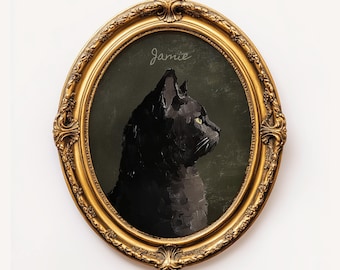Personalized Artful Black Cat Oil Painting Portrait Print, Custom Vintage Kitty Folk Art Print Moody Cottage Core, Gift for Pom CatMom