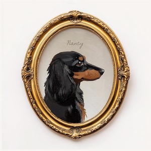 May include: An oval portrait of a dachshund dog named "Nancy" in a gold ornate frame. The dog is black and tan, with a detailed painting style. The frame has a detailed, vintage design.