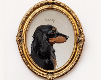 Custom Mini Black Tan Long Hair Dachshund Portrait Antique Style Doxie Oil Painting Wiener Dog Cottage Core Art Print Painterly Gift Wallart