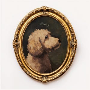 May include: An oil painting of a dog named Henry, framed in a gold oval frame. The dog is light brown and has its head turned to the side.
