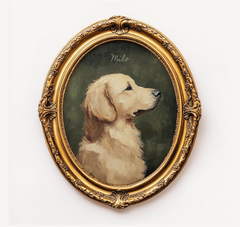 Mini Vintage Golden Retriever Lovers Portrait, Artful Dog Prints Oil Painting, Cute Art Print Cottage Core Artwork, Painterly DogMom Gift Add Name