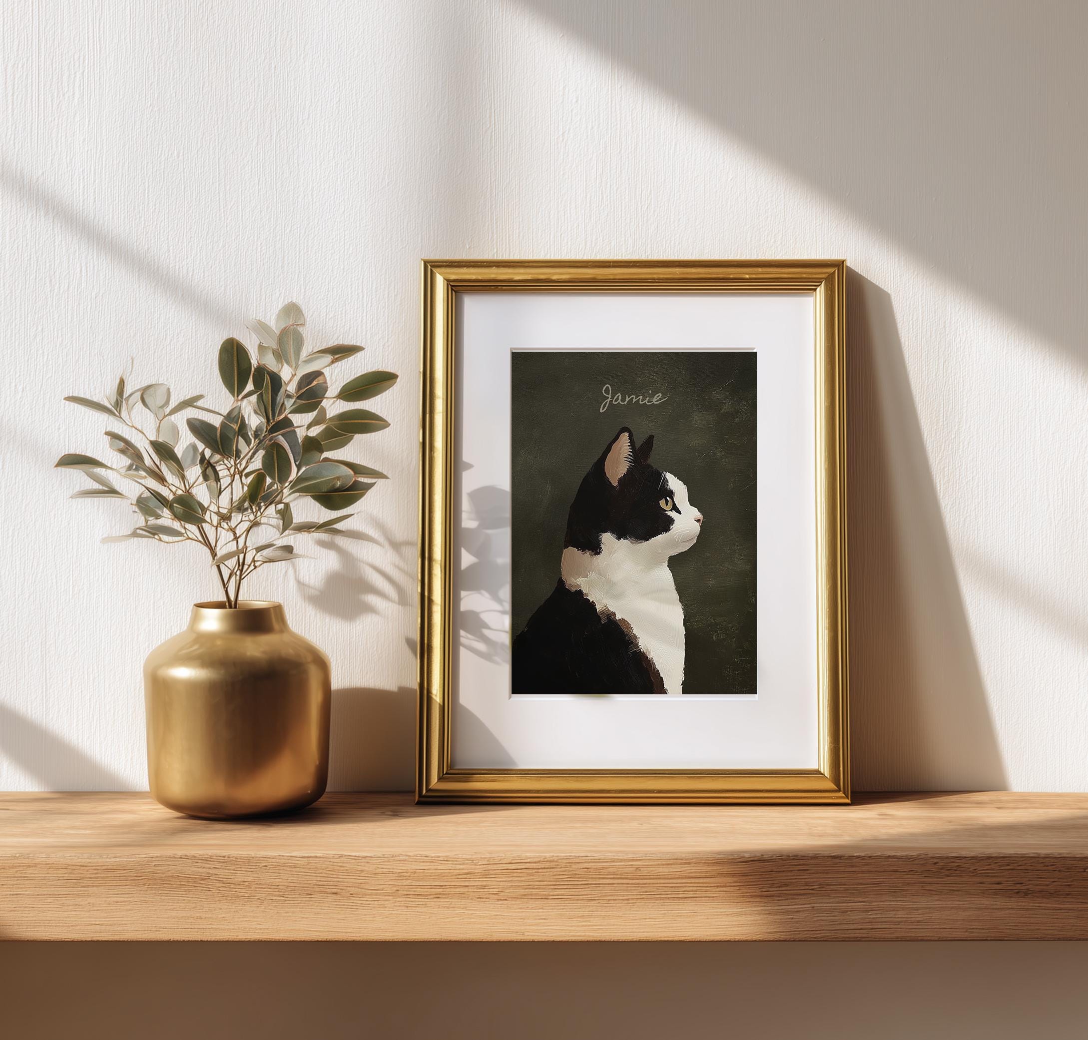 Personalized Artful Black White Cat Oil Painting Portrait Print, Custom ...