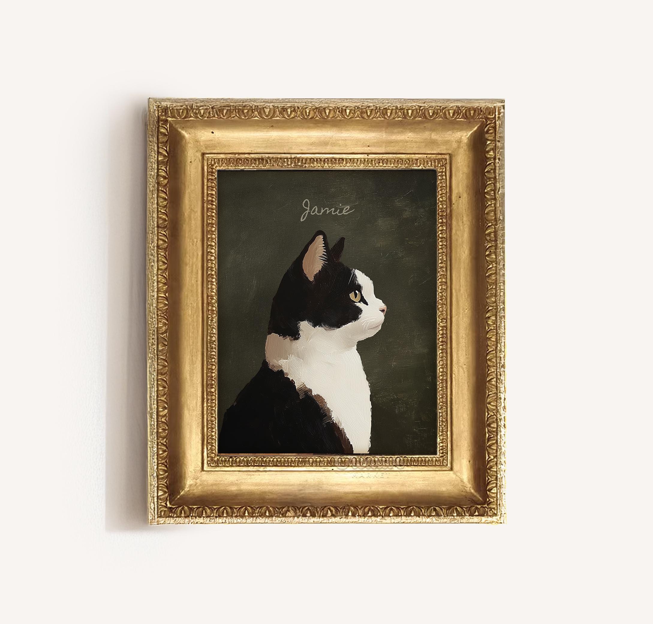 Personalized Artful Black White Cat Oil Painting Portrait Print, Custom ...