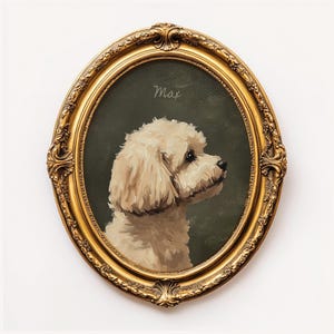 May include: An oval portrait of a fluffy, cream-colored dog in a gold ornate frame. The dog is painted in profile against a dark green background. The name "Max" is written in cursive at the top.